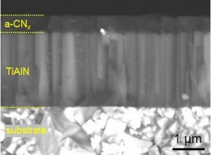 Cross-section over a bilayer coating aCN with a self-lubricating top-layer